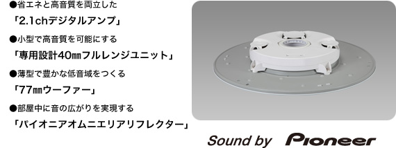 ●省エネと高音質を両立した「2.1ｃｈデジタルアンプ」●小型で高音質を可能にする「専用設計40mmフルレンジユニット」●薄型で豊かな低音域をつくる「77mmウーファー」●部屋中に音の広がりを実現する「パイオニアオムニエリアリフレクター」